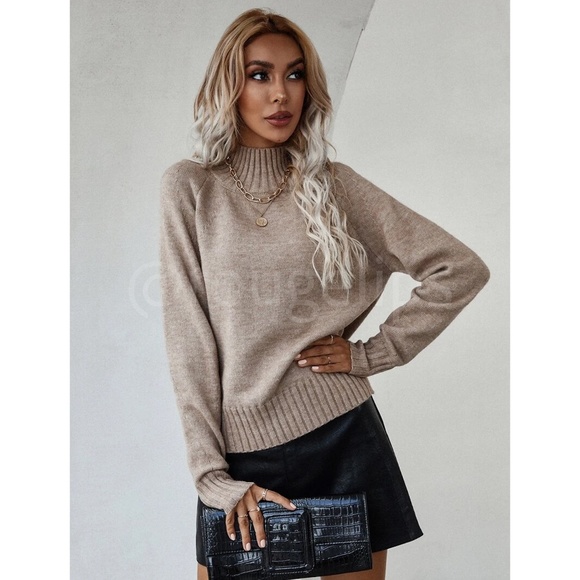 Beige Knit Turtleneck Pullover Sweater Long Sleeve Side Slits - Picture 7 of 10